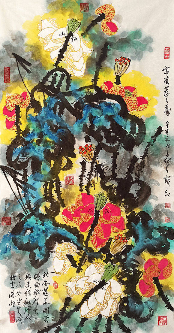 著名艺术家宋宝红创作的泼墨泼彩《大吉祥如意图》