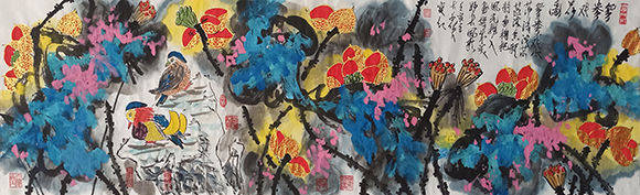 著名艺术家宋宝红创作的泼墨泼彩《大吉祥如意图》