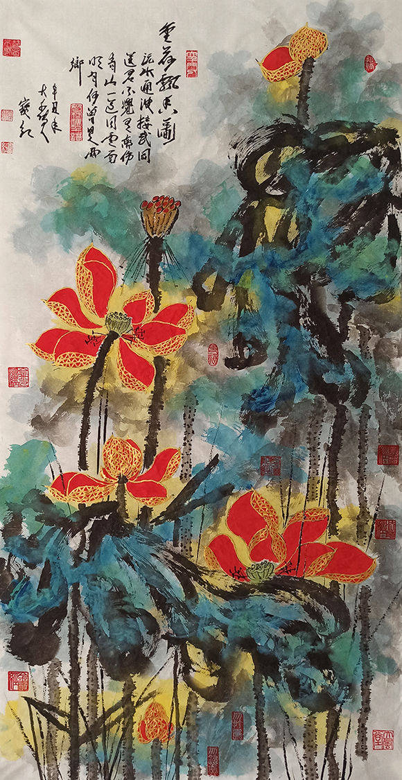 著名艺术家宋宝红创作的泼墨泼彩《大吉祥如意图》