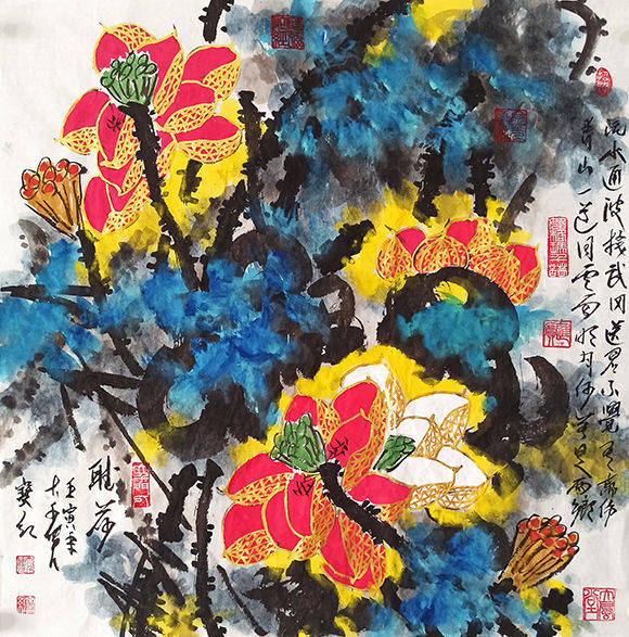 著名艺术家宋宝红创作的泼墨泼彩《大吉祥如意图》